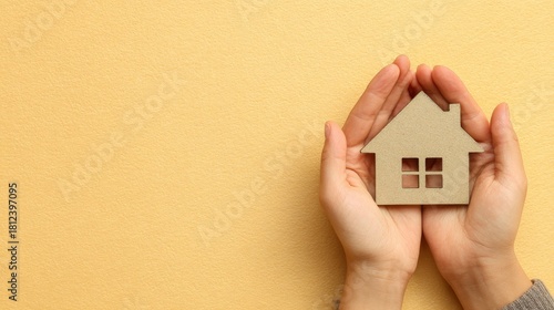 A small wooden house model is being gently held by two hands in front of a beige background