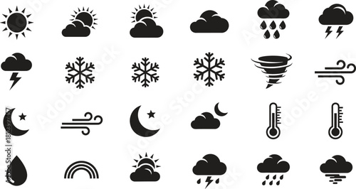 Collection of Weather Icons Showing Different Conditions in Simple Black Design