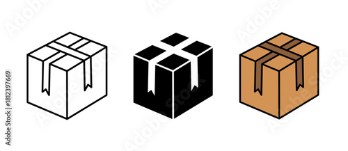 package box icon represents delivery, shipping, and storage concepts in stroke, filled, and colored styles. Perfect for logistics, ecommerce, and courier design use.