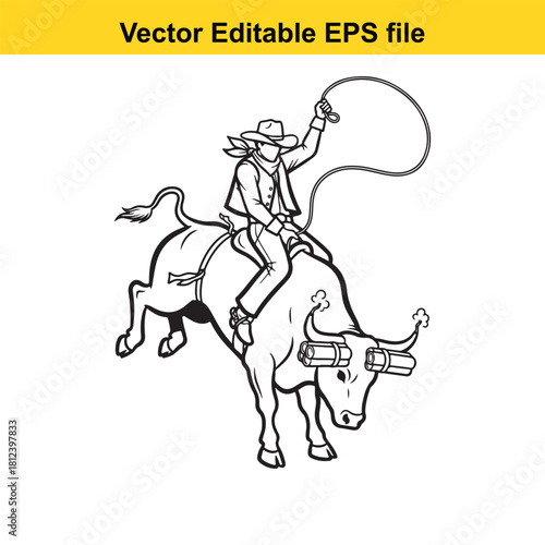 Black and white line art vector illustration of a cowboy riding a bucking bull while holding a lasso, isolated on