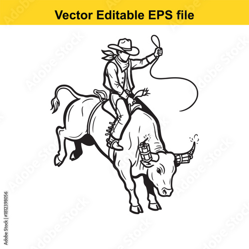 Black and white line art vector illustration of a cowboy riding a bucking bull during a rodeo competition, isolated on