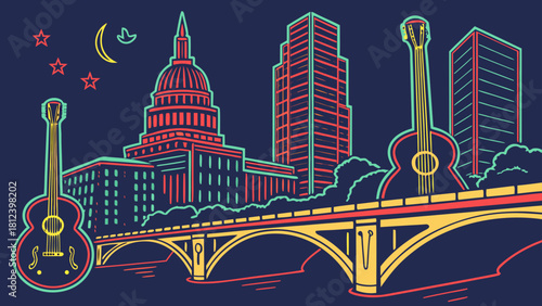 Austin Texas live music skyline neon guitar