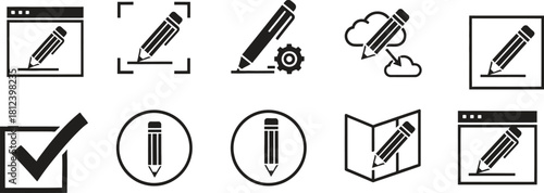 Creative writing icons collection representing drafting editing and confirming tasks