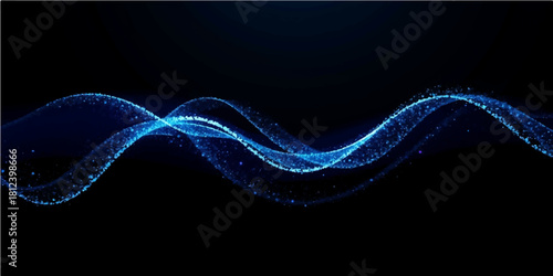 Abstract wave particle of light with smoke creating a flowing blue and black neon design and pattern for technology wallpaper with a fractal curve effect