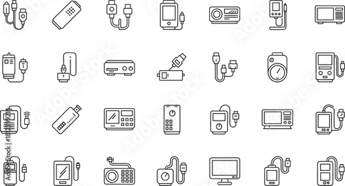 Electronics and Technology Devices Outline Icons Set White Background Concept