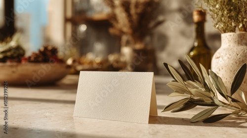 A pristine white name card, folded and positioned upright on a minimalist surface, is accentuated by the soft shadows of plant leaves, making it an ideal mockup template for place cards at weddings,