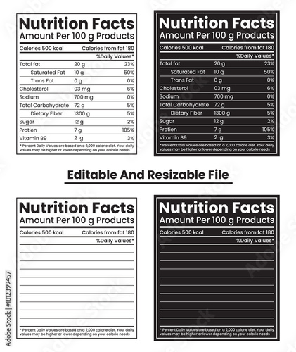 Editable nutrition facts labels, featuring filled and blank templates in white and black versions