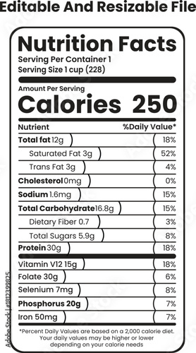 Nutrition facts label detailing calories, fat, protein, carbohydrates, and vitamins for food products