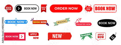Book Now button set, red call to action badges, urgent booking stickers, CTA web elements, order now labels, register now icons, bold red buttons pack