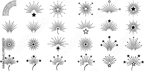 Burst icons, firework doodles, celebration symbols, star radiations, abstract sketch elements, festive design pack, flat vector illustration