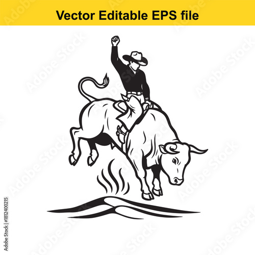 Black and white vector illustration of a cowboy riding a bucking bull during a rodeo event, isolated on