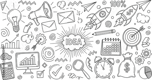 Business, productivity, creativity, brainstorming, innovation, startup, planning, marketing, finance, strategy, teamwork, growth, analysis, communication, success, idea, flat vector illustration