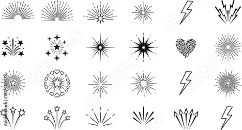 Black white icons, starbursts, fireworks symbols, heart motifs, radial patterns, decorative elements, energetic visuals, flat vector illustration