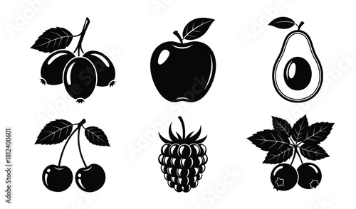 Black and white fruit vector illustration apple berries cherries and avocado