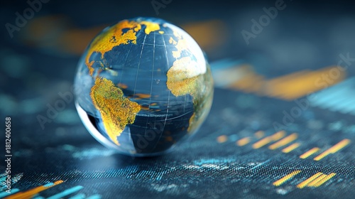 A modern blue background displays a glass globe world map alongside financial charts that illustrate economic growth and global business investment through detailed data analysis with a reflective