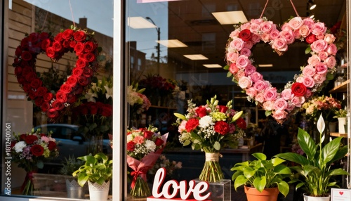 Fototapeta Naklejka Na Ścianę i Meble -  cozy small business flower shop with heart wreaths and romantic decorations