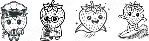 Cute Strawberry Character Set – Police, Scientist, Superhero & Surfer | Fruit Mascot Illustration | Garden Strawberry (Fragaria × ananassa) Cartoon Collection