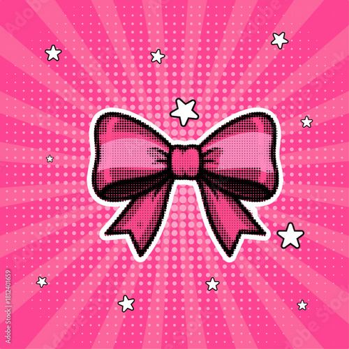 A pink decorative bow in a retro pop art comic style with a halftone effect on a pink sunburst background, vector illustration