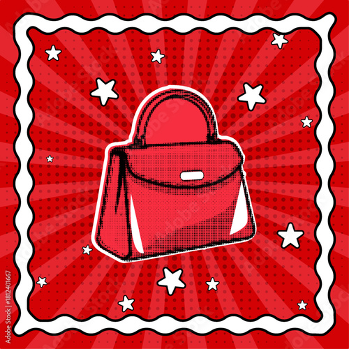 A red handbag in a retro pop art comic style with a halftone effect on a red sunburst background, vector illustration