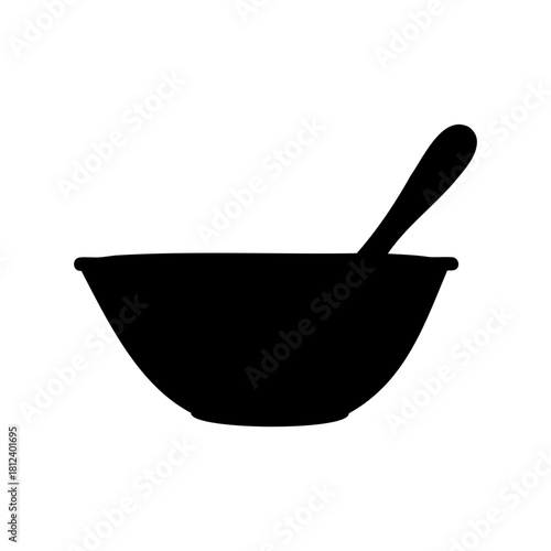 Black Silhouette of a Bowl with a Spoon Ready to Eat Meal