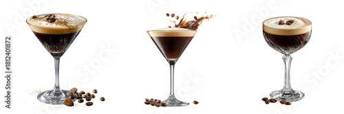 Set of Chilled espresso martini with visible coffee foam and three coffee beans garnish, high-detail glassware on transparent png background. Ai generated