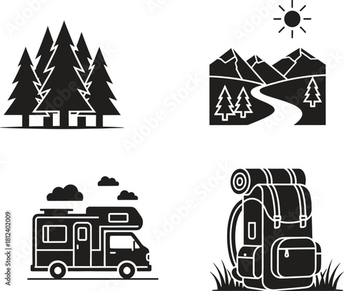 Outdoor Adventure Icons Set with Camping Nature and Travel Theme