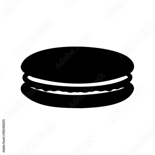 Minimalist black silhouette of a French macaron cookie on white background