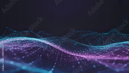 Paysage de flux numériques futuristes en 3D – Réseau neuronal, data science et technologie IA _ Futuristic 3D Digital Flow Landscape – Neural Network, Data Science and AI Technology