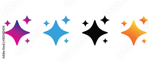 Four Sparkle Icons in Different Colors: Pink, Blue, Black, and Orange