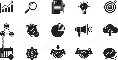 Set of Business and Marketing Icons in Modern Black Silhouette Style