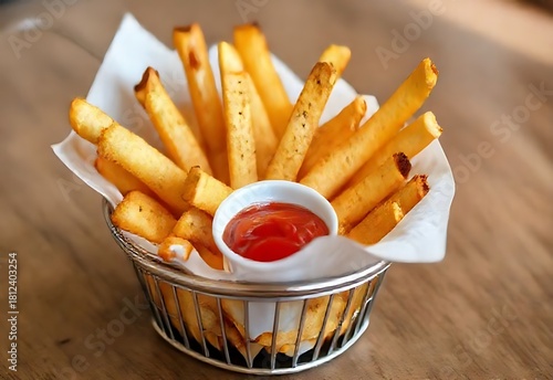 Crispy French fries in a white bowl served with ketchup