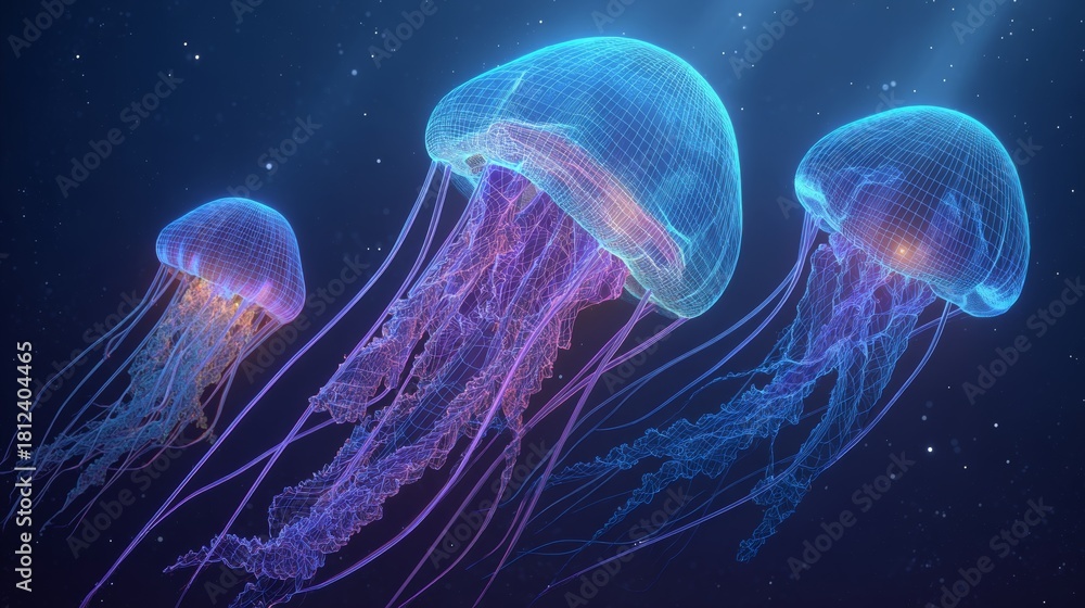 Naklejka premium Deep ocean scene of glowing jellyfish with bioluminescent soft focus and ethereal mood in a neon light underwater setting of marine life in digital art style with futuristic vibe