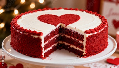valentinesday red velvet cake slice with heart decoration festive dessert background