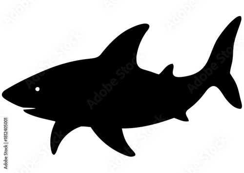 Silhouette of a great white shark swimming, a simple black graphic isolated on for design use