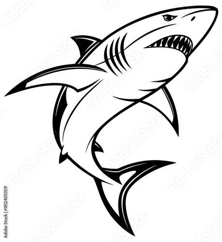 Aggressive black and white illustration of a great white shark leaping out of water