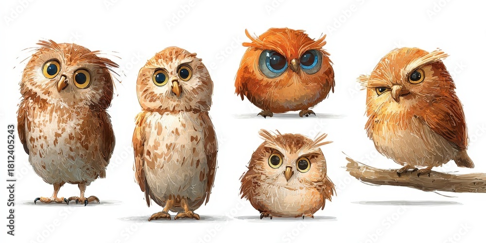 Fototapeta premium Cute Watercolor Owl Cartoon Collection with Diverse Backgrounds