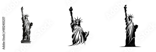 Set of Dark silhouette of the Statue of Liberty isolated on pure white, crisp edges on transparent png background. Ai generated