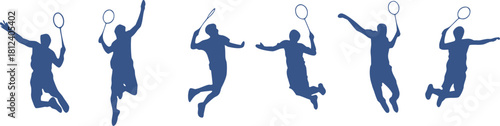 Badminton Players Jumping Silhouette Vector Illustration – Blue Dynamic Sports Figures in Action with Rackets, Perfect for Athletic Design, Fitness Posters, and Team Competition Projects