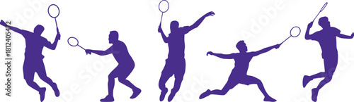 Badminton Player Silhouettes Vector Illustration – Purple Dynamic Sports Figures in Action Poses with Rackets, Perfect for Athletic Design, Fitness Posters, and Team Sports Concepts