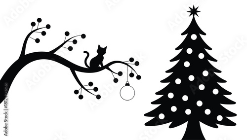 Christmas silhouette illustration with cat on branch and decorated tree with star and ornaments on white background