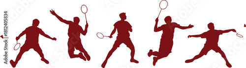 Badminton Players Silhouette Vector Illustration – Dynamic Red Sports Figures in Motion with Rackets, Perfect for Fitness, Team, and Athletic Graphic Design or Sporting Poster Projects