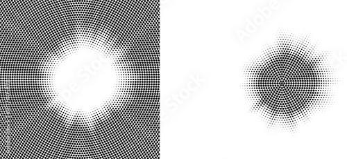 Halftone circle dotted frame circularly distributed set. Abstract dots logo emblem design element. Round border Icon using random halftone circle dot texture. Half tone circular background pattern.