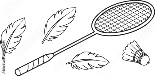 Badminton Racket with Shuttlecock and Feathers Vector Illustration – Line Art Sports Equipment Design Representing Lightness, Precision, and Motion for Athletic or Graphic Design Projects