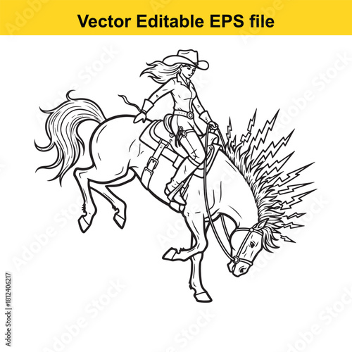 Outline drawing of a female rodeo rider wearing a cowboy hat and western attire skillfully riding a bucking horse, isolated on