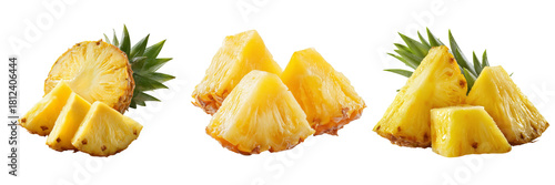 Set of Fresh pineapple chunk with visible fiber and moisture on transparent png background. Ai generated