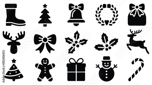 Christmas silhouette icon set with festive symbols including tree, reindeer, snowman, gift, candy, and decorations on white background