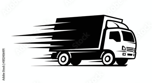 Stylized black and white illustration of a fast moving delivery truck isolated on