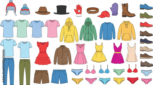 Clothing and accessories collection, fashion wardrobe elements, apparel flat sketch set, outfit variety illustration, stylish garments layout, flat vector illustration