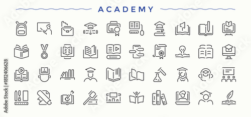 Academy vector line icon set. Thin linear style icons. Related to learn, university, student, study. Pixel perfect. Vector illustration. School icon.