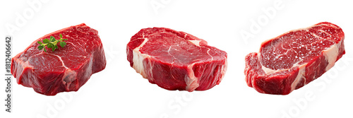 Set of Freshly sliced meat displayed in an organized front-view composition on a dark stone on transparent png background. Ai generated